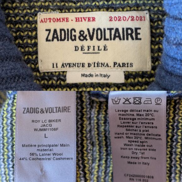 Zadig & Voltaire Défilé Roy Biker Logo Ocean Blue Jacquard Wool Cashmere Sweater - Picture 8 of 13